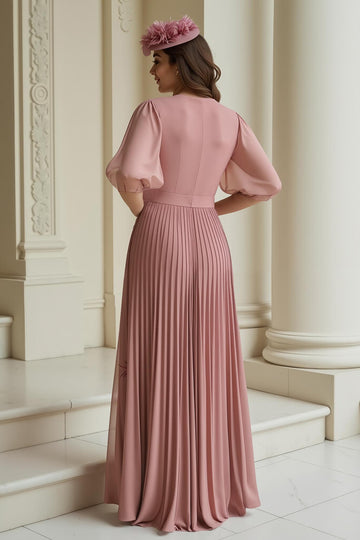Pleated V-Neck A-Line Dusty Rose Mother Of The Bride Dress